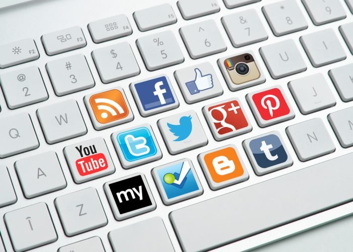 Computer keyboard with social media buttons like Facebook, Google plus, Twitter, You tube and more.